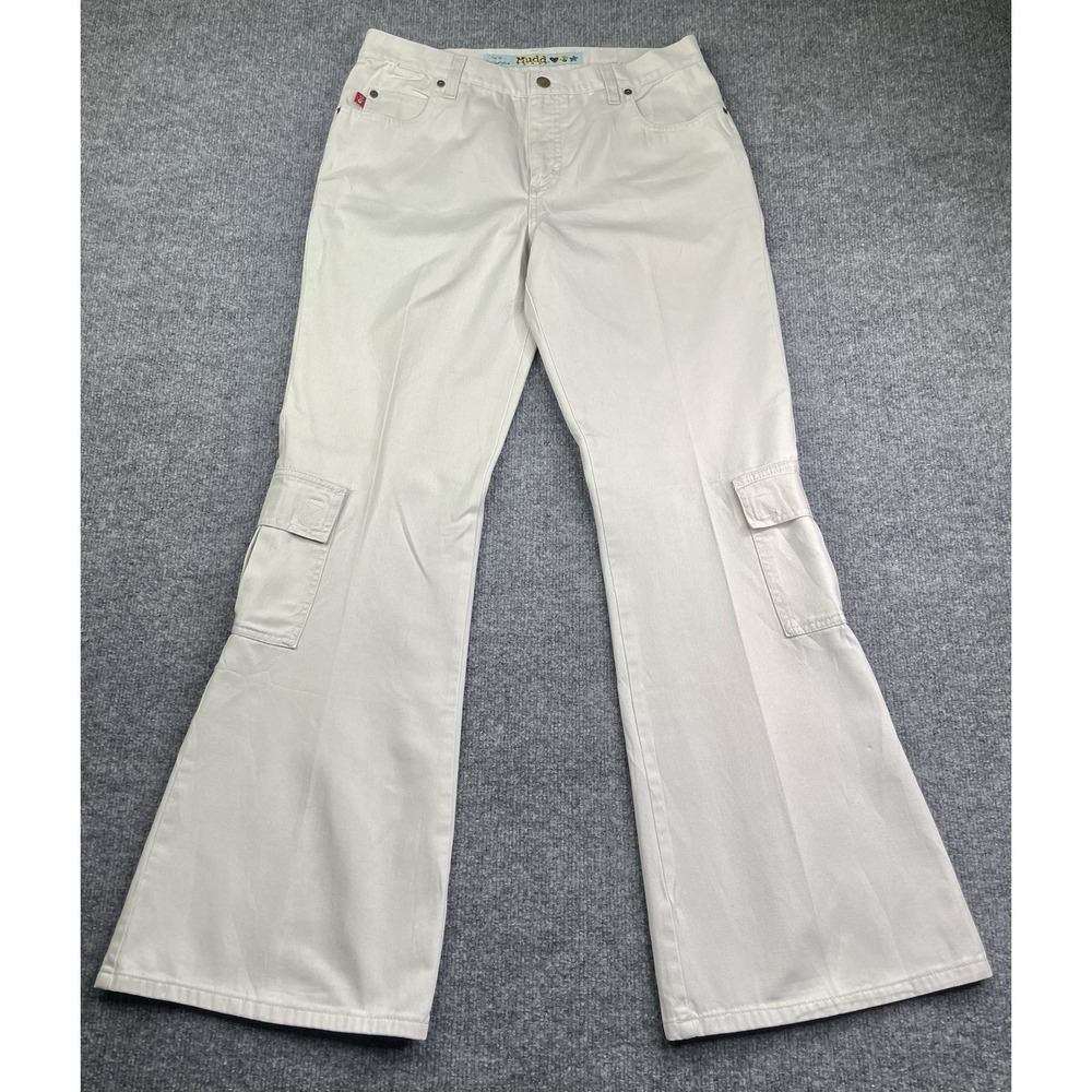 Mudd Cargo Flare Jeans Womens Size 13 Off White Vintage Y2K Wide Leg 4JA990‎